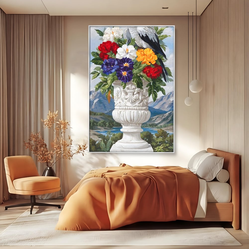 Tablou canvas cu tablou canvas cu papagal si vaza cu flori, in rama de aluminiu argintiu, pe perete intr-un dormitor